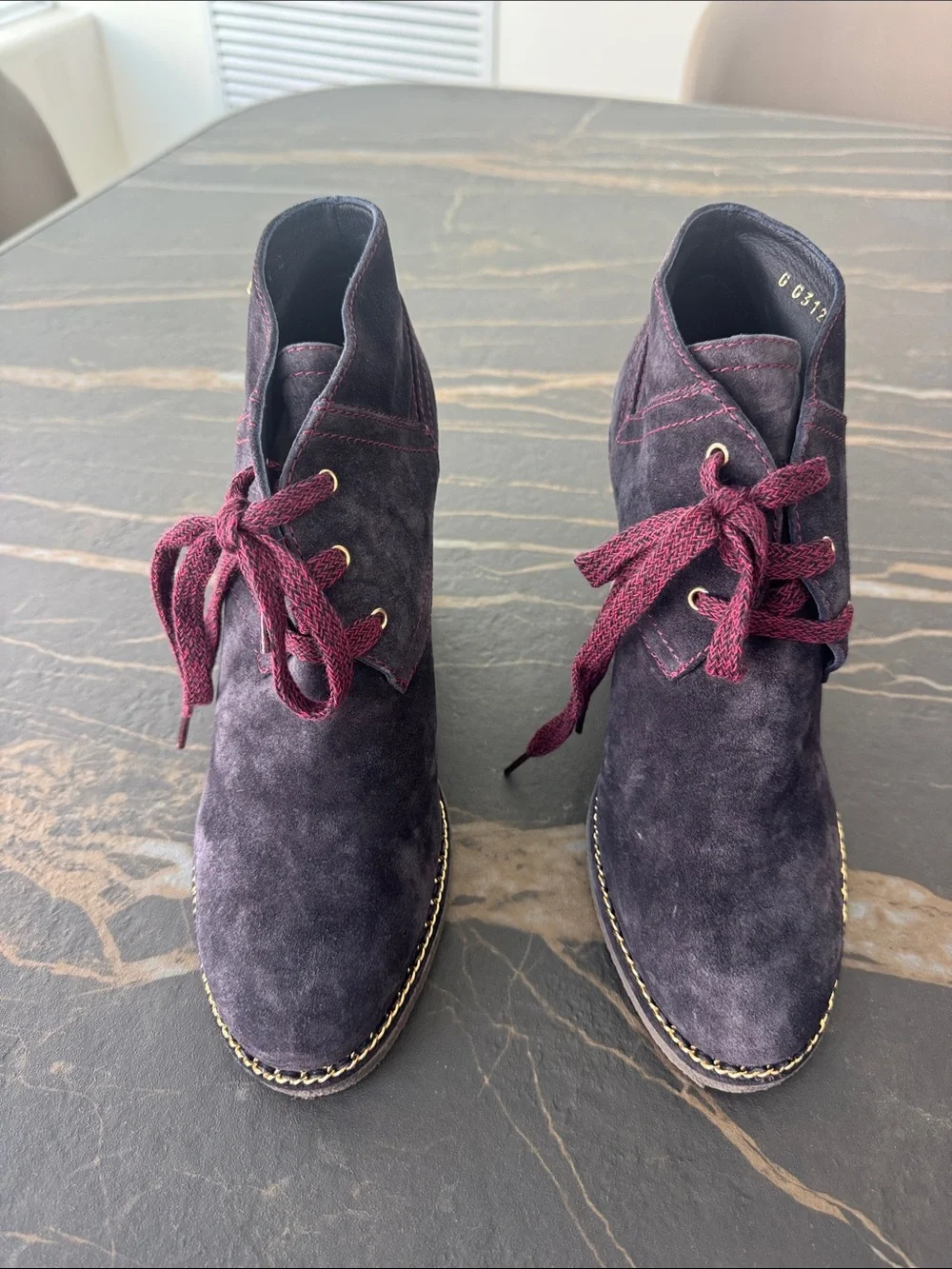 CHANEL Purple Suede Wedge Booties with Burgundy Laces